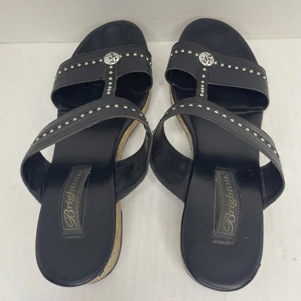 Brighton Sandals Size 9 M Slip On Slides Black Silver Cork Wedge Heel Studded